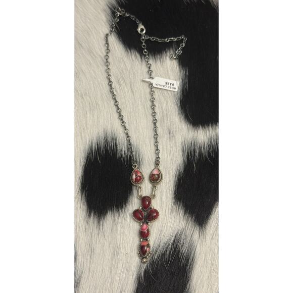 Native American Sterling Silver Multistone Red Rose Dahlia Lariat Necklace 18” - Picture 3 of 11